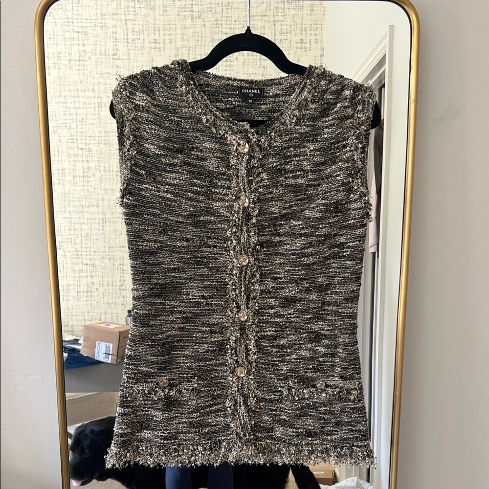 CHANEL Black and White Tweed Buttoned Top